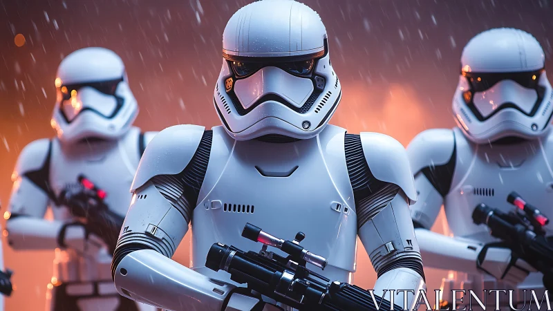 Armored sci fi soldiers stand in formation under artificial rain