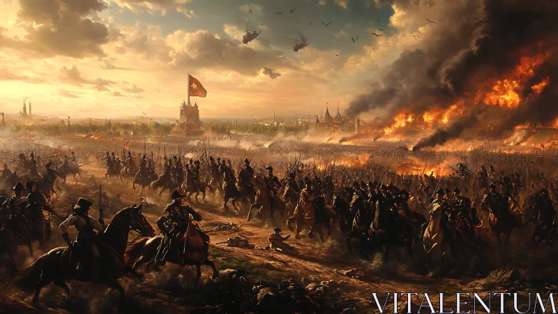 Epic cavalry siege at burning imperial capital, digital painting.