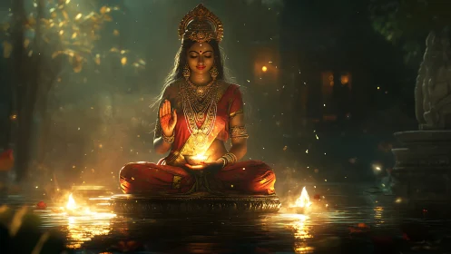 Golden serenity of a radiant goddess on glowing waters.