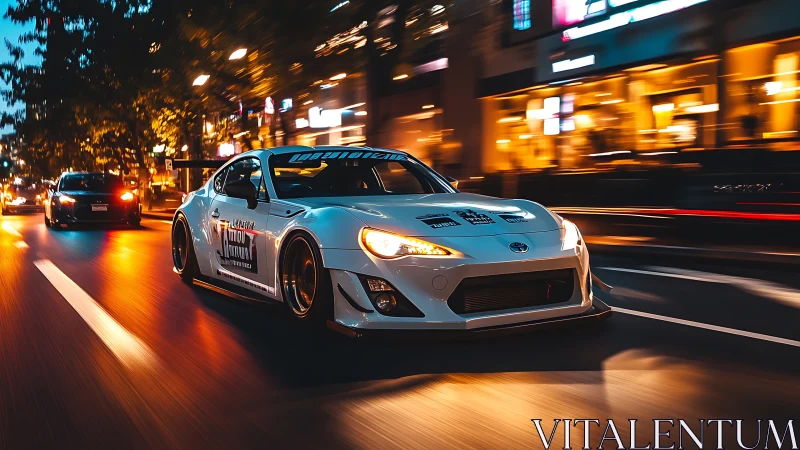 Modified white sports car speeds through illuminated city street