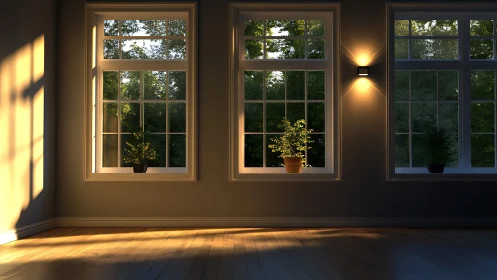 Sunlit room interior with large windows and plants.