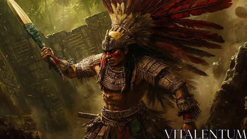 Dynamic warrior portrait in ornate Mesoamerican armor design.