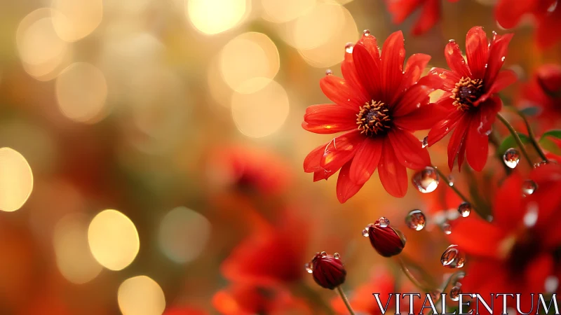 Red gerbera daisies with water droplets and golden bokeh.