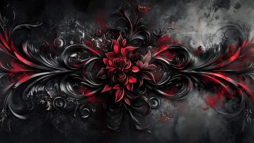 Red floral ornament on dark textured abstract background.