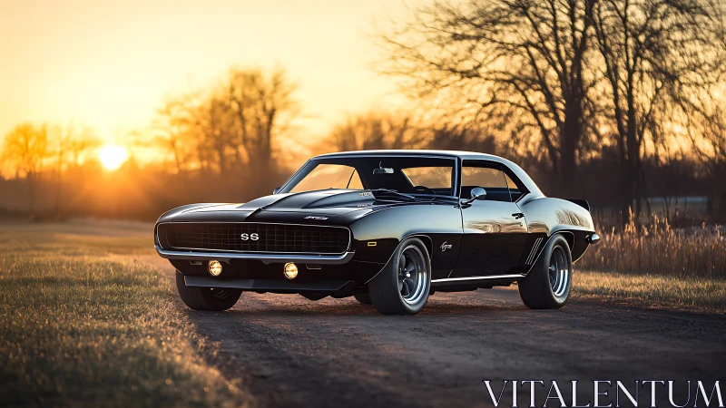 Restored late-1960s muscle car framed by low-angle sunset backlight
