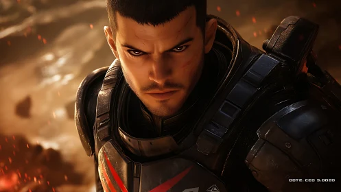 Armored space soldier with intense determined expression.