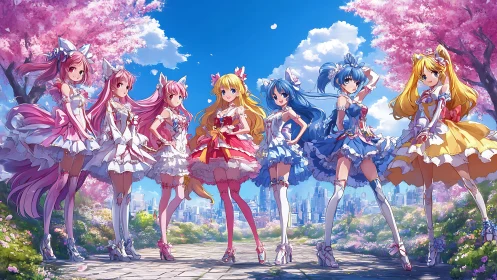 Springlit idol squad blossoms over candy colored cityscape.