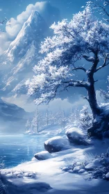 Snow-laden tree watches over a tranquil sapphire winter lake
