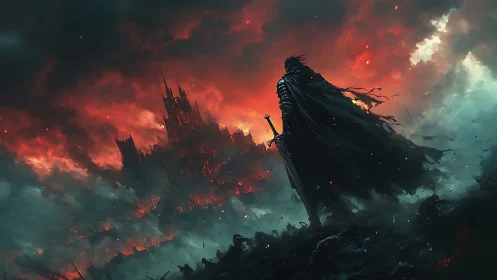 Dark warrior silhouette before burning citadel horizon.