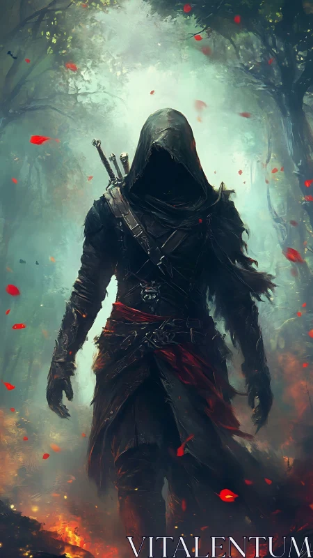 Hooded forest assassin emerging through burning embers.