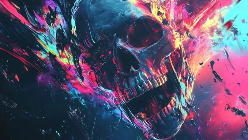 Digitally rendered skull dissolves into chromatic particle field