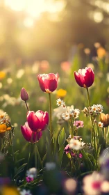 Red Tulips Bathed in Golden Sunlight.