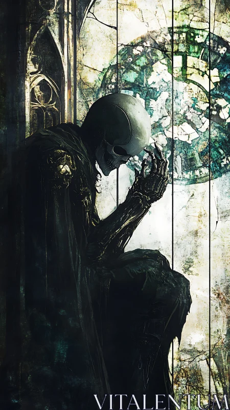 Skeletal robed figure seated before fractured stained glass