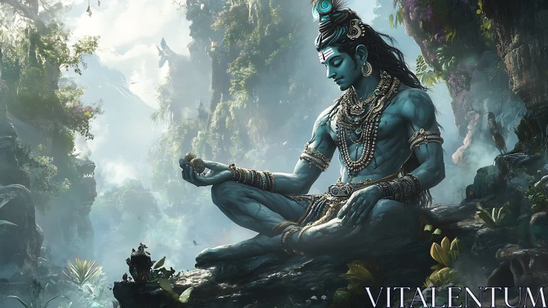Blue-skinned meditative figure in ornate jewelry seated outdoors.