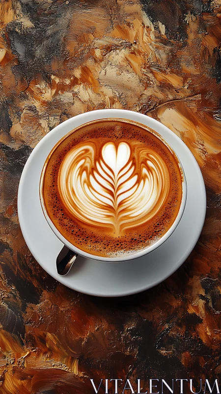 Top-down cappuccino shows precise leaf latte art pattern