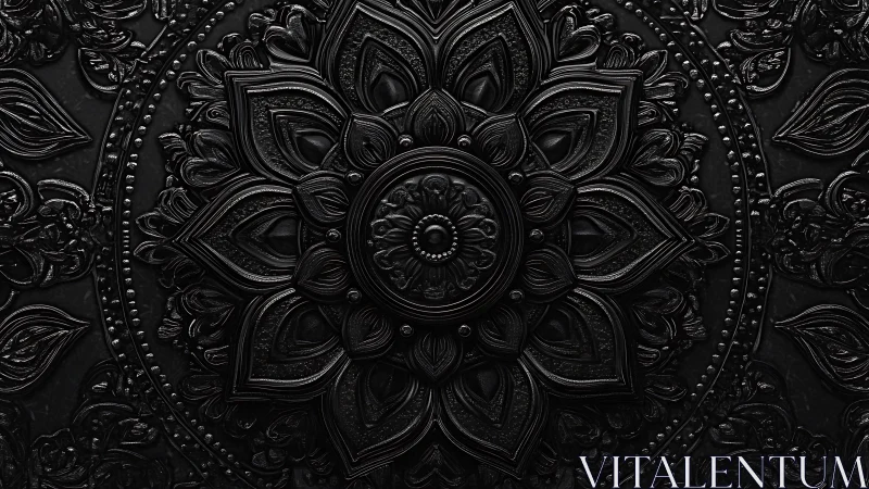Dark embossed mandala with detailed floral geometry.