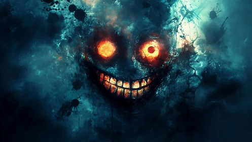 Molten-eyed nightmare visage in swirling cyan mist.