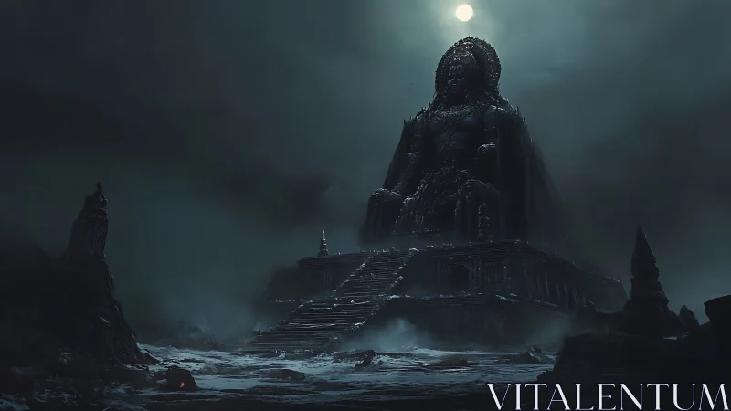 Colossal moonlit deity statue dominates frozen ruined temple