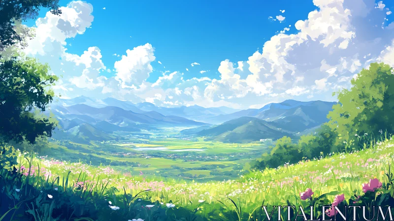 Sunlit hilltop meadow looks over peaceful green valley