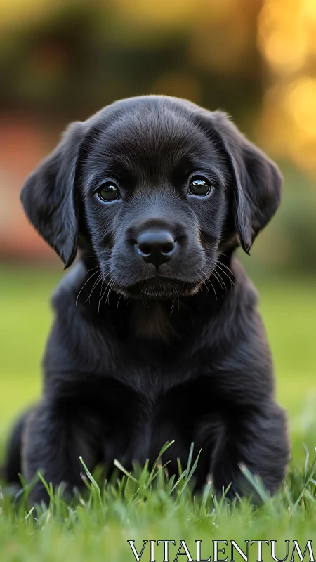 Black labrador puppy on grass with soft golden bokeh background.