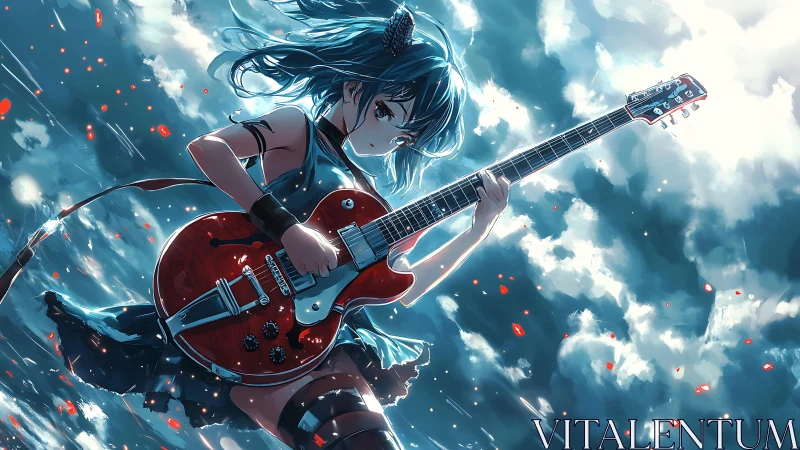 Blue-haired guitarist holds red electric guitar against sky backdrop