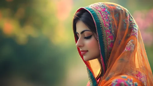 Elegant woman in traditional attire, soft focus portrait style.