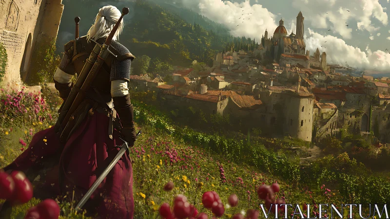 White-haired wanderer studies a sunlit hilltop citadel