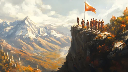 Guardians stand on a cliff edge above a vast autumn kingdom