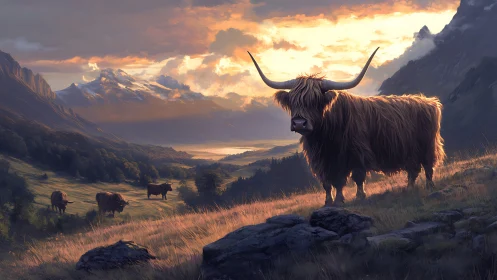 Highland cattle on sloping valley pasture at sunset.