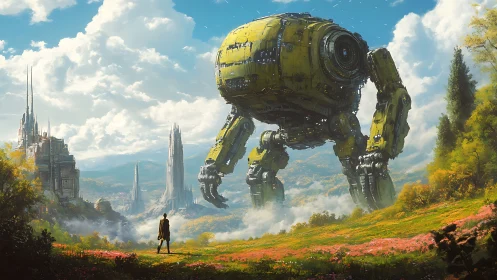 Colossal yellow wanderer pauses to greet its tiny maker