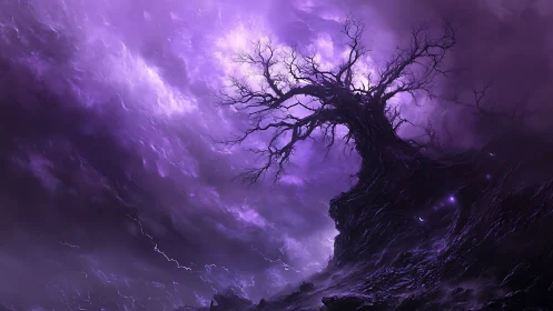 Storm‑crowned ghost tree writhes beneath violet thunder skies.
