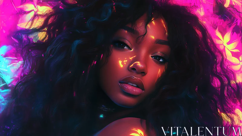 Portrait shows young woman in neon light with glowing accents