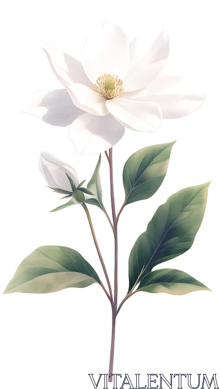 White Magnolia Bloom with Golden Stamen and Verdant Foliage.