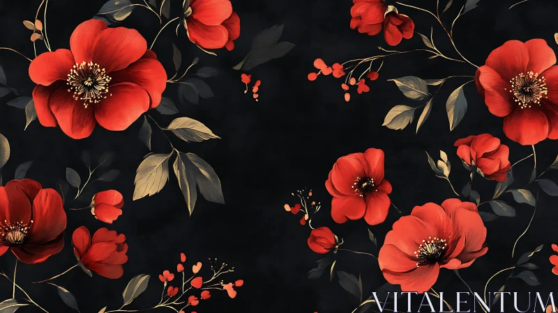 Red Florals on Black: Botanical Pattern with Gold Accents