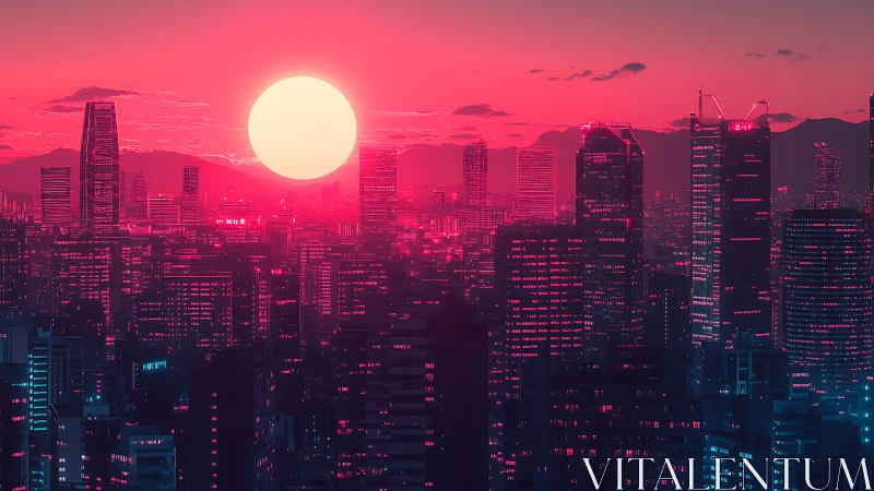 Neon-soaked cyberpunk skyline under oversized synthwave sun