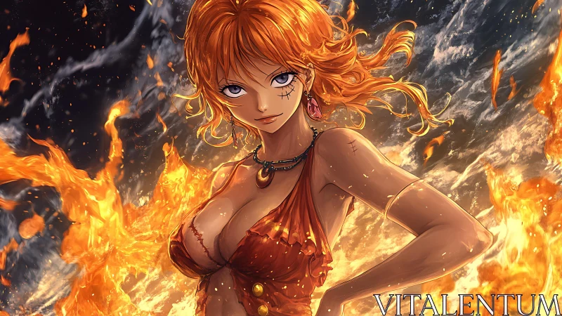 Fiery anime heroine amid swirling inferno seascape.