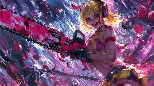 Bubblegum chainsaw queen carves chaos in neon rainstorm.