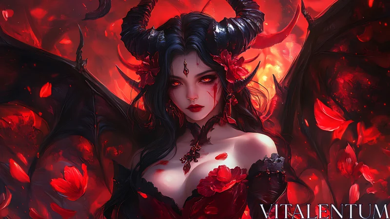 Demon queen rises in crimson petals and burning shadow.