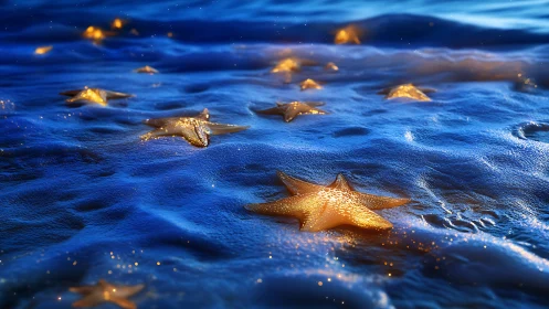 Golden starfish scattered on glowing blue shoreline.
