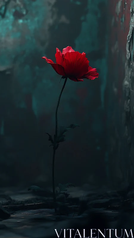 Single red flower stands in dark, blurred environment