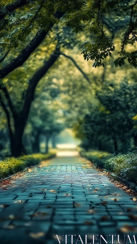 Tree-lined pathway with tiled surface receding into verdant canopy.