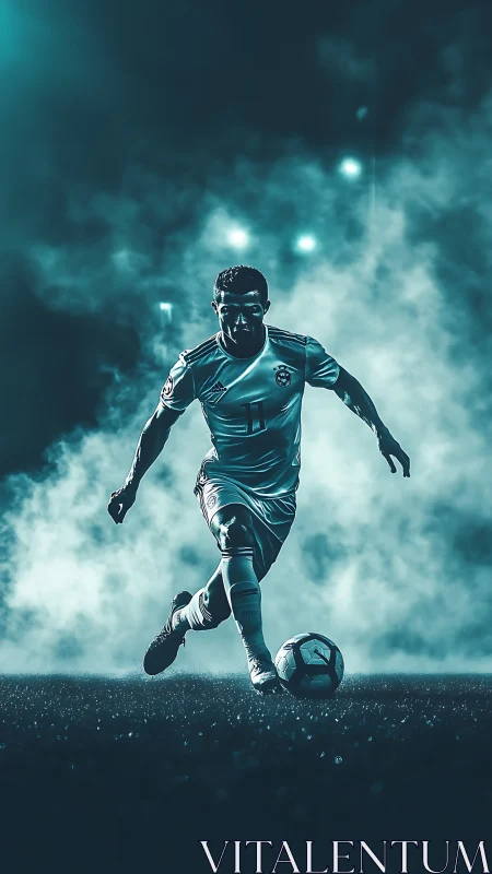Soccer forward sprints through teal stadium fog at night