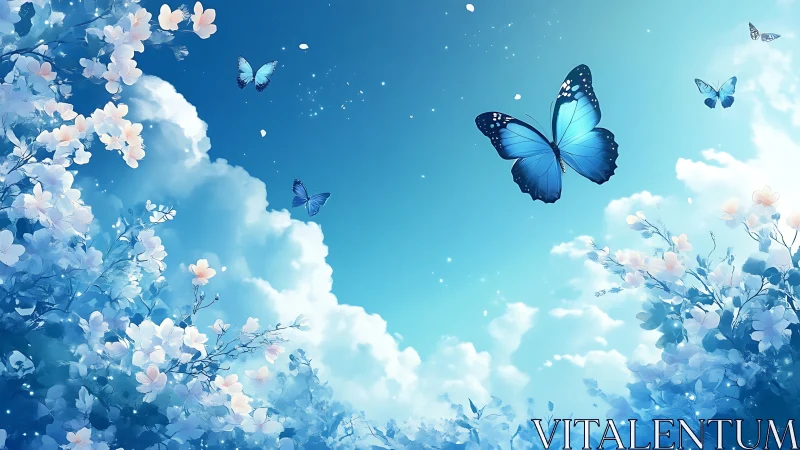 Blue butterfly glides above blooming clouds and pastel flowers