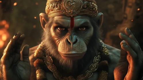 Photorealistic simian deity portrait with ornate gold crown