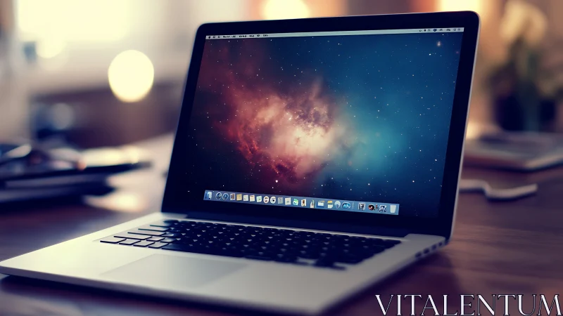 Open laptop computer sits on wooden desk in soft focus