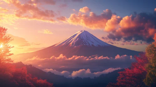 Radiant alpine peak above glowing clouds at sunrise.
