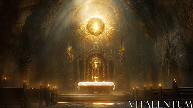 Golden cavern altar glowing with soft sacred light.
