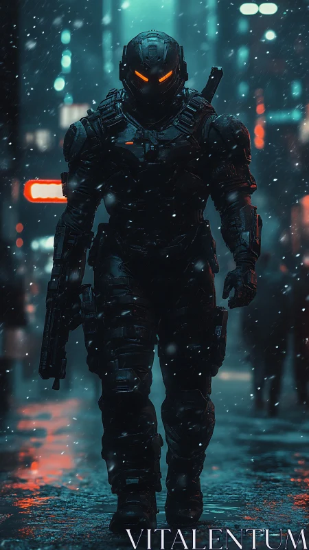 Armored futuristic soldier walking through neon city street.
