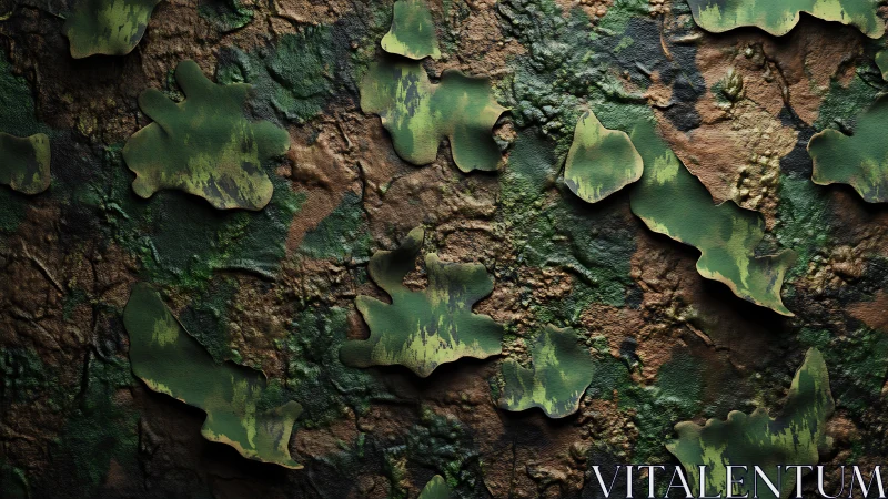 Layered camo foliage on eroded earth texture surface.