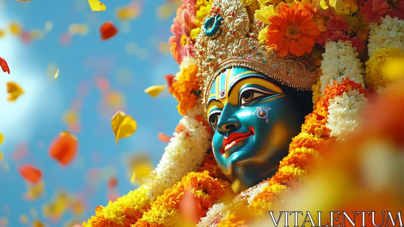 Radiant festival deity crowned in marigolds and bright sky.
